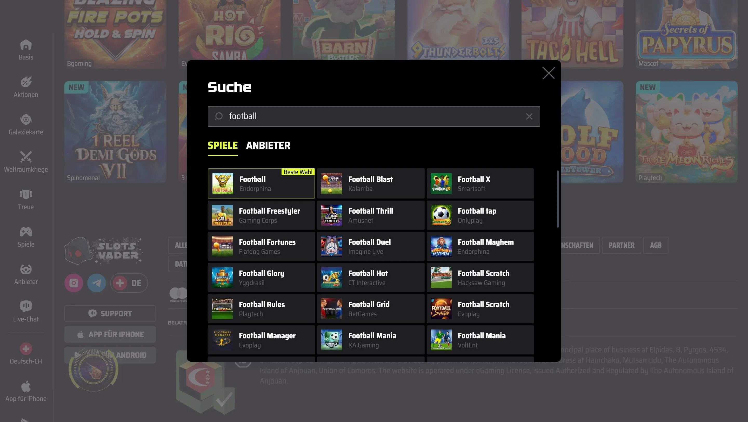 Sport Spielangebot der SlotsVader Casino