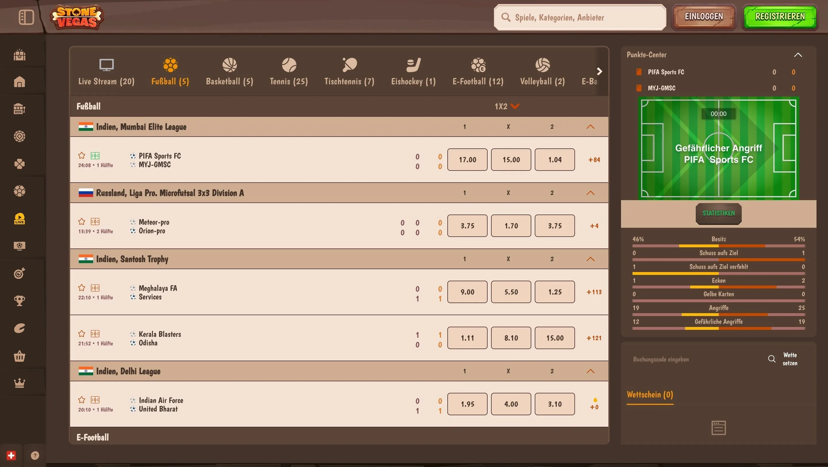 Sportwetten Bereich der StoneVegas Casino