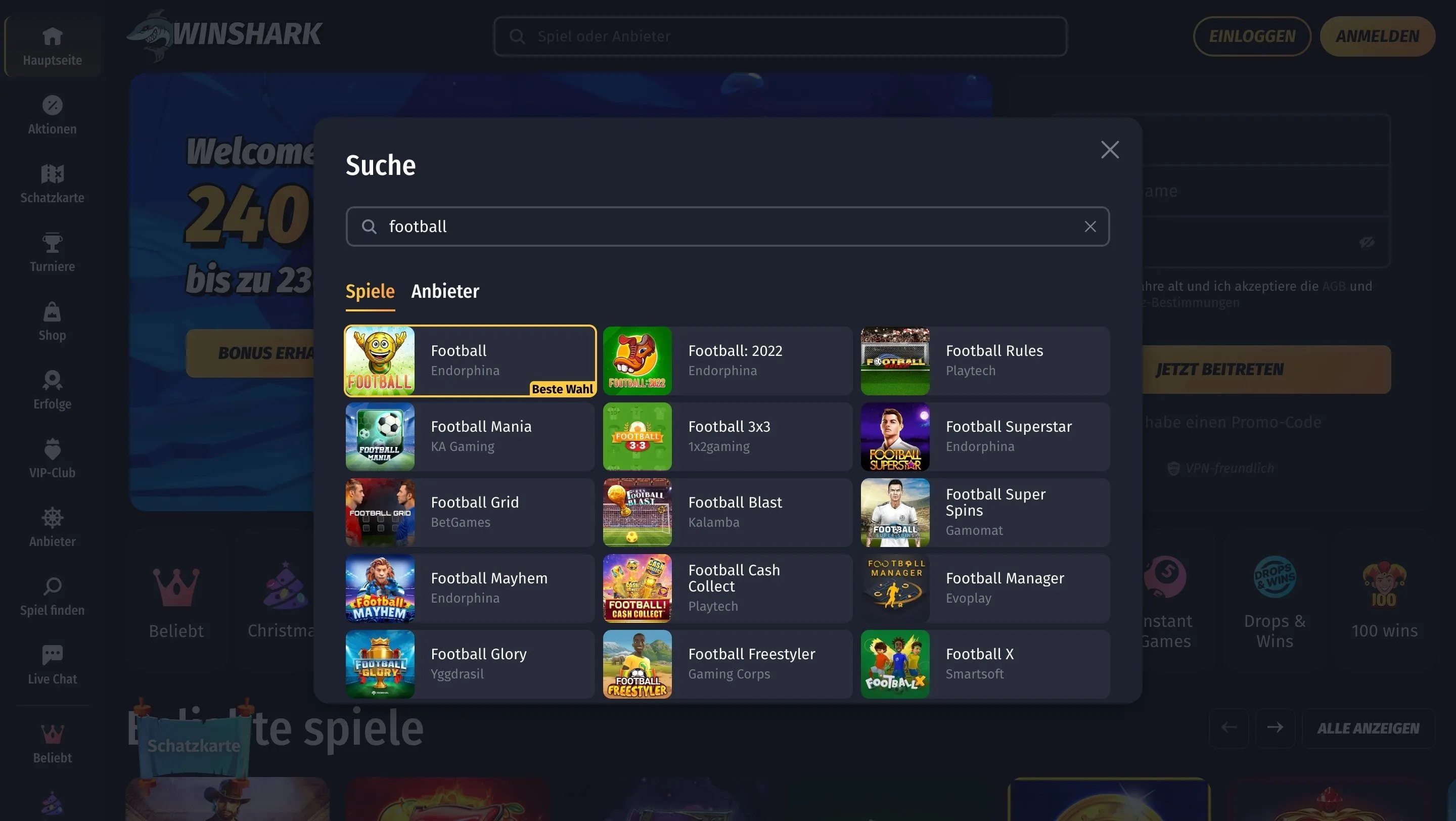 Sport Spielangebot der Winshark Casino